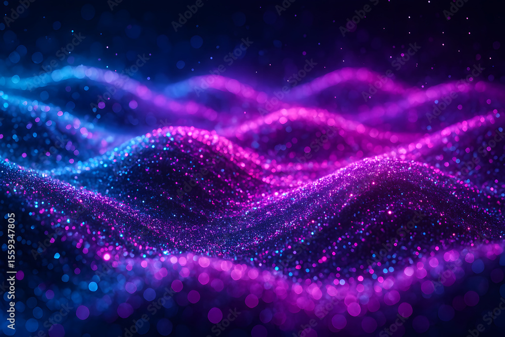 Poster an abstract landscape of undulating waves composed of shimmering blue and purple particles, creating