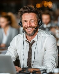 Smiling man with headset in office environment, customer service rep.
