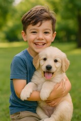 Happy Child Holding a Cute Puppy and Smiling in the Park