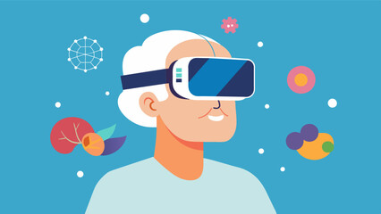 A virtual reality headset being used by a patient with Alzheimers disease to help improve memory and cognitive function.. Vector illustration