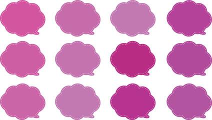 ピンクと紫の暖色系の１２色の吹き出しセット。ふきだしの内側には白い破線で囲まれている。