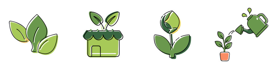 Eco garden, microgreen shop, green leafy plant and watering plants icon set in hand drawn style for sustainable nature concept and design
