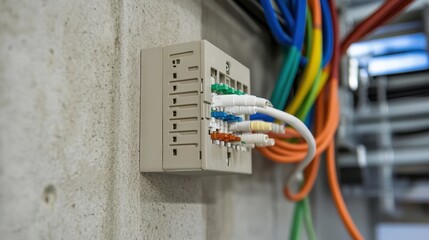 Network Connection Panel with Colorful Cables on Concrete Wall