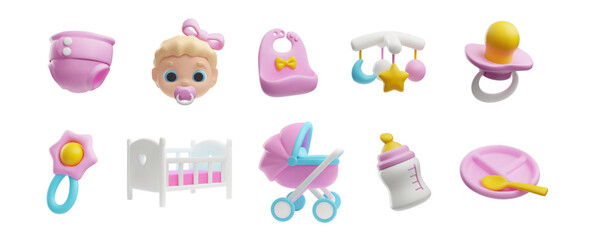 Set of baby girl things 3D vector collection, cute infant face, buggy, bed, diaper, pacifier, toys and feeding utensil