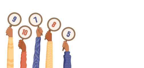 Hands hold cartoon rating signs with numbers. Feedback and evaluation are shown in a creative way. Modern review concept for customer surveys and opinion on performance, grade, satisfaction.