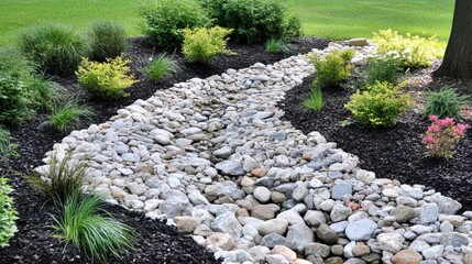 Serene Landscape Design with Pebble Pathway and Vibrant Greenery