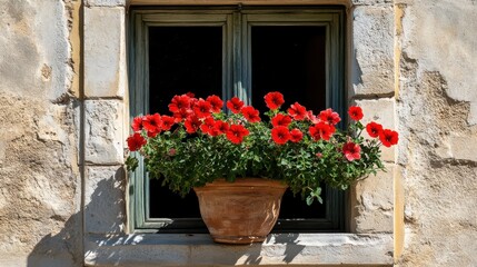 Vibrant Red Petunias in Flower Pot on Rustic Stone Wall Window