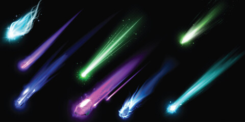 Falling asteroid or comet different colors with fire trail, vector realistic flying meteorite in space, meteor shower