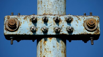 Rusty Metal Bracket on Old Industrial Pole Against Clear Blue Sky