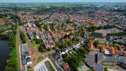 Aerial view of the old town of the city Sneek in the Netherlands on a sunny day in summer	

