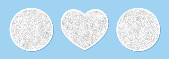 Underwater pattern sketch with round and heart shapes of seashells. Contour outline of marine elements and aquatic mollusks. Seamless concept with delicate sea background, showcasing shells in