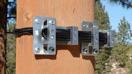 Secure Cable Management System on Wooden Post with Metal Brackets