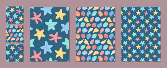 Underwater marine seamless pattern set with vibrant cartoon starfish and seashells. Ocean background highlights sea and shell motifs. Ideal for summer designs, marine projects, coastal decorations.