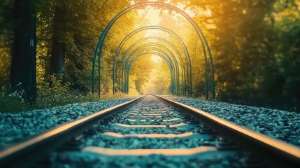Serene Railway Pathway Through Lush Greenery in Warm Sunset Glow