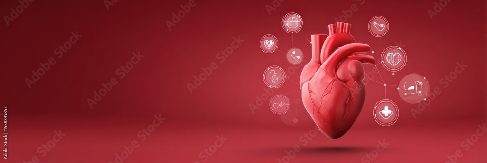 Aufkleber stylized heart organ design in soft gradient red with floating health icons representing wellness an