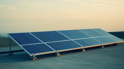 Solar Panel Installation on Rooftop with Clear Sky Background
