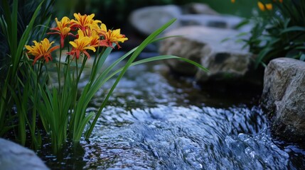 Vibrant Yellow Flowers Near Sparkling Stream in Natural Setting