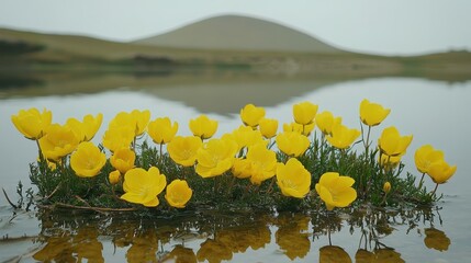 Vibrant Yellow Flowers Reflecting in Calm Water Landscape
