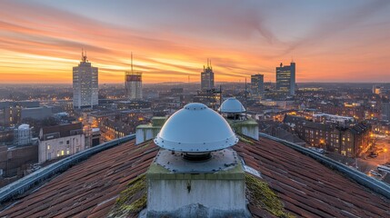 Stunning Sunset Over Urban Skyline with City Landmarks and Lights