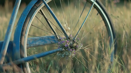 Vintage Bicycle Wheel Surrounded by Wildflowers in Golden Grass