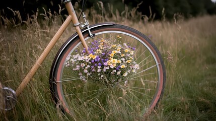 Vintage Bicycle Wheel Decorated with Colorful Wildflowers in Field