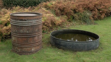 Vintage Metal Barrels and Circular Tank in Overgrown Garden Area