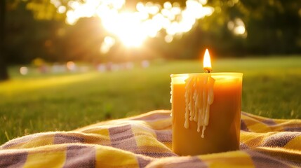 Warm Candle Glow in a Sunlit Outdoor Setting with Soft Grass