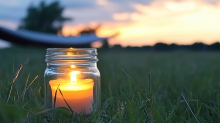 Warm Candle Glow in Glass Jar on Grass Under Beautiful Sunset Sky