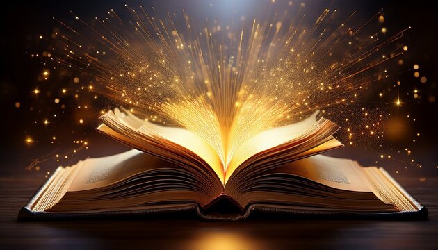 n ge&ouml;ffnetes Buch liegt auf einer dunklen Oberfl&auml;che, seine Seiten scheinen von innen heraus zu leuchten.