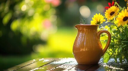 Warm Summer Morning with Rustic Jug and Colorful Flower Arrangement