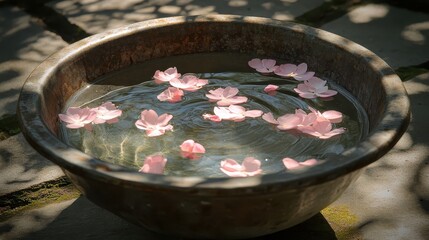 Water Bowl with Pink Flower Petals Floating on Still Surface