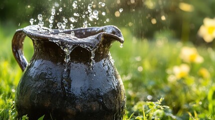 Water Splashing from Clay Jug in Sunlit Garden Setting