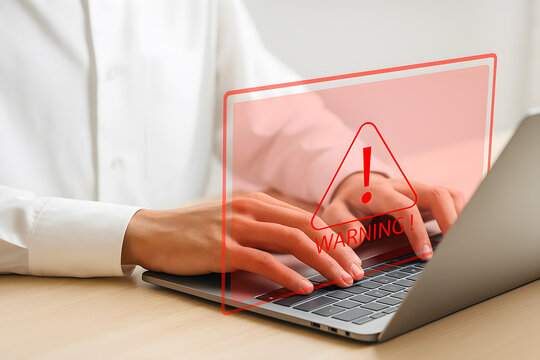 Error notification and maintenance alert. Businessman reviewing warning on virtual screen.
