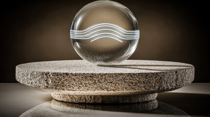 Transparent Sphere on Stone Base with Light Reflections and Shadows