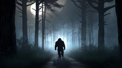 bigfoot silhouette walking away in foggy woods at midnight