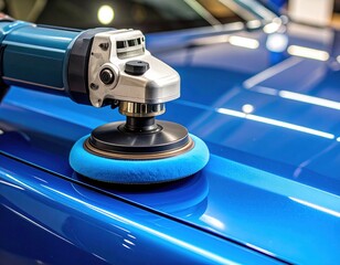 Close-up of blue car being polished with electric buffer