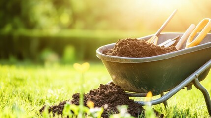 Wheelbarrow with Fresh Soil and Gardening Tools in Glowing Sunset Light