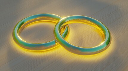 Two Intertwined Gold Wedding Rings on Wooden Surface with Glow