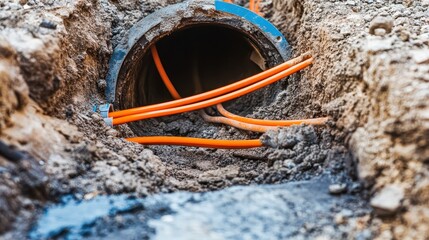 Underground conduit with orange cables in construction site trench