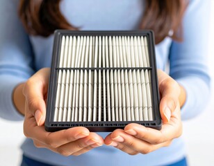 Female holding car air filter in hands for maintenance and repair