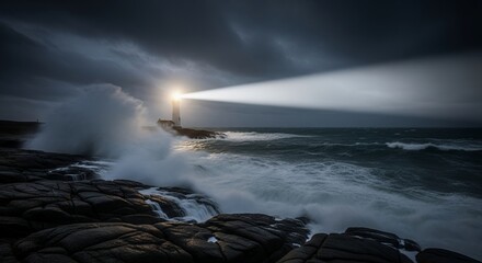 Lighthouse beam cutting through stormy sea waves at night