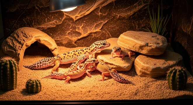 Leopard Geckos in Terrarium Reptile Habitat Desert Theme Pet Lizards
