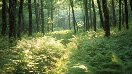 Lush Green Forest Pathway Surrounded by Sunlit Ferns and Trees