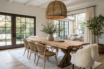 Fototapeta premium Modern Organic Dining Room with Live Edge Table and Wicker Chairs, Natural Light and Decor