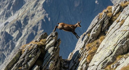 Mountain Goat Leap Across Rocks in Alpine Landscape