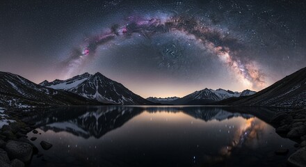 Milky Way Galaxy Arching Over Mountain Lake at Night