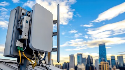 Urban Communication Technology on Roof with City Skyline Background