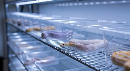 Multiple Snakes in Plastic Containers on Shelves