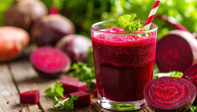Fresh beetroot juice with parsley and rustic vegetables on wooden table
