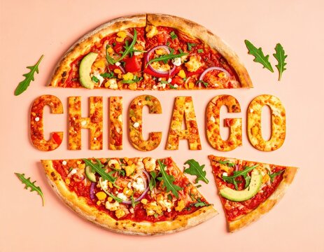 Chicago style pizza art with avocado and arugula on peach background